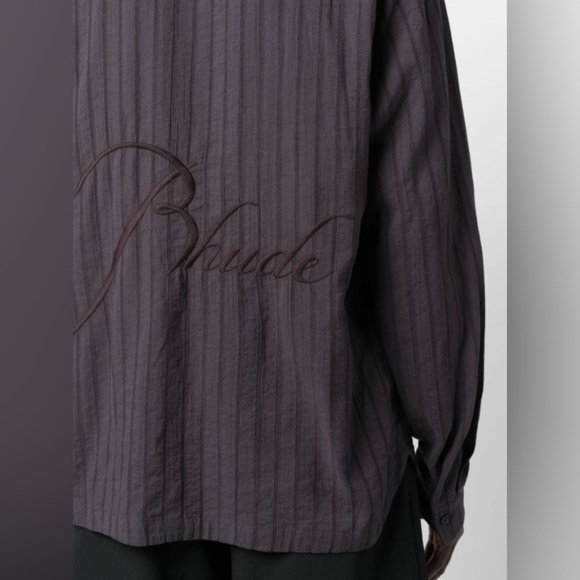 New Rhude Striped Cotton Shirt Button Front Gray Slate Embroidered Logo Mens M - Picture 15 of 16